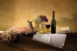 Wine, Cheese and Bread Still Life in a classic setting