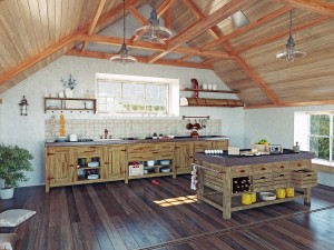 modern kitchen interior with  island in the attic (3d design con