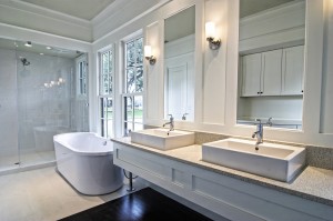 modern spacious white bathroom with dark wood floors