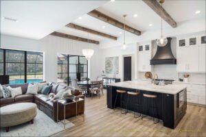 Pendant lights and exposed beams in home